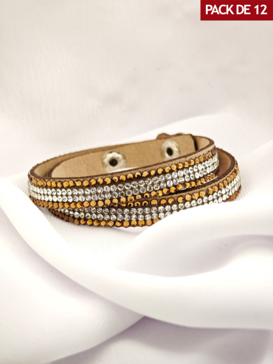 PACK x 12 – Pulsera cuerina con brillantes y broche color CAFE-PB1