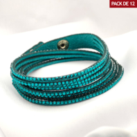 PACK x 12 - Pulsera cuerina con brillantes y broche color CELESTE-PF2