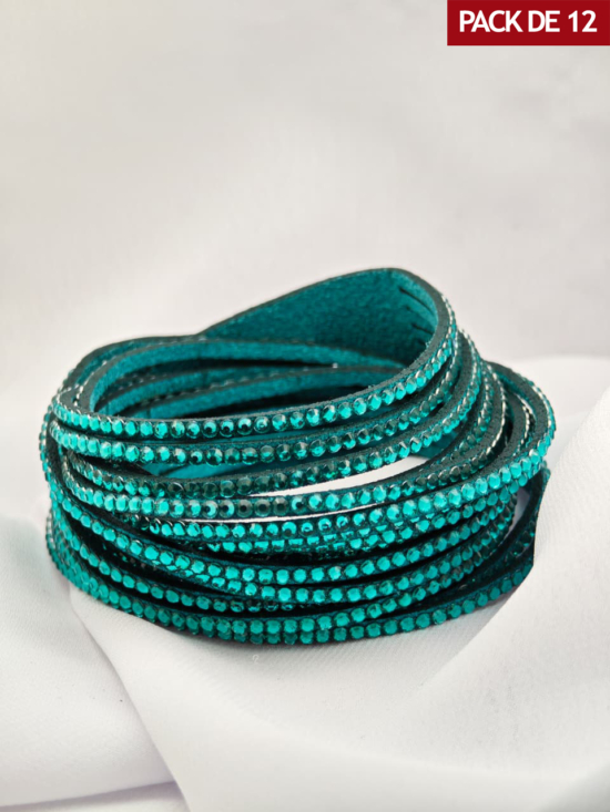 PACK x 12 – Pulsera cuerina con brillantes y broche color CELESTE-PG1