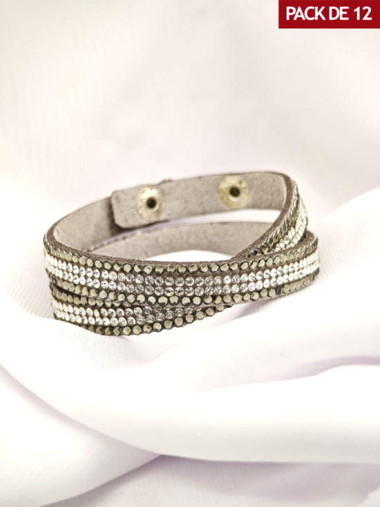 PACK x 12 – Pulsera cuerina con brillantes y broche color GRIS-PB1