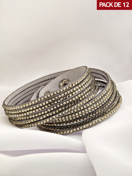 PACK x 12 – Pulsera cuerina con brillantes y broche color GRIS-PG1