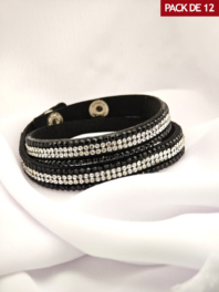 PACK x 12 – Pulsera cuerina con brillantes y broche color NEGRO-PB1