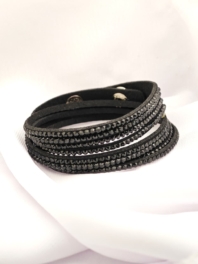 Pulsera cuerina con brillantes y broche color NEGRO-N1