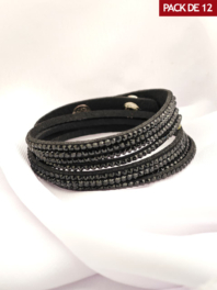 PACK x 12 – Pulsera cuerina con brillantes y broche color NEGRO-PN1