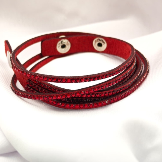 Pulsera cuerina con brillantes y broche color ROJO-F1