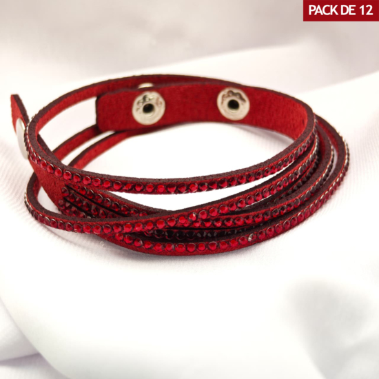 PACK x 12 - Pulsera cuerina con brillantes y broche color ROJO-PF1